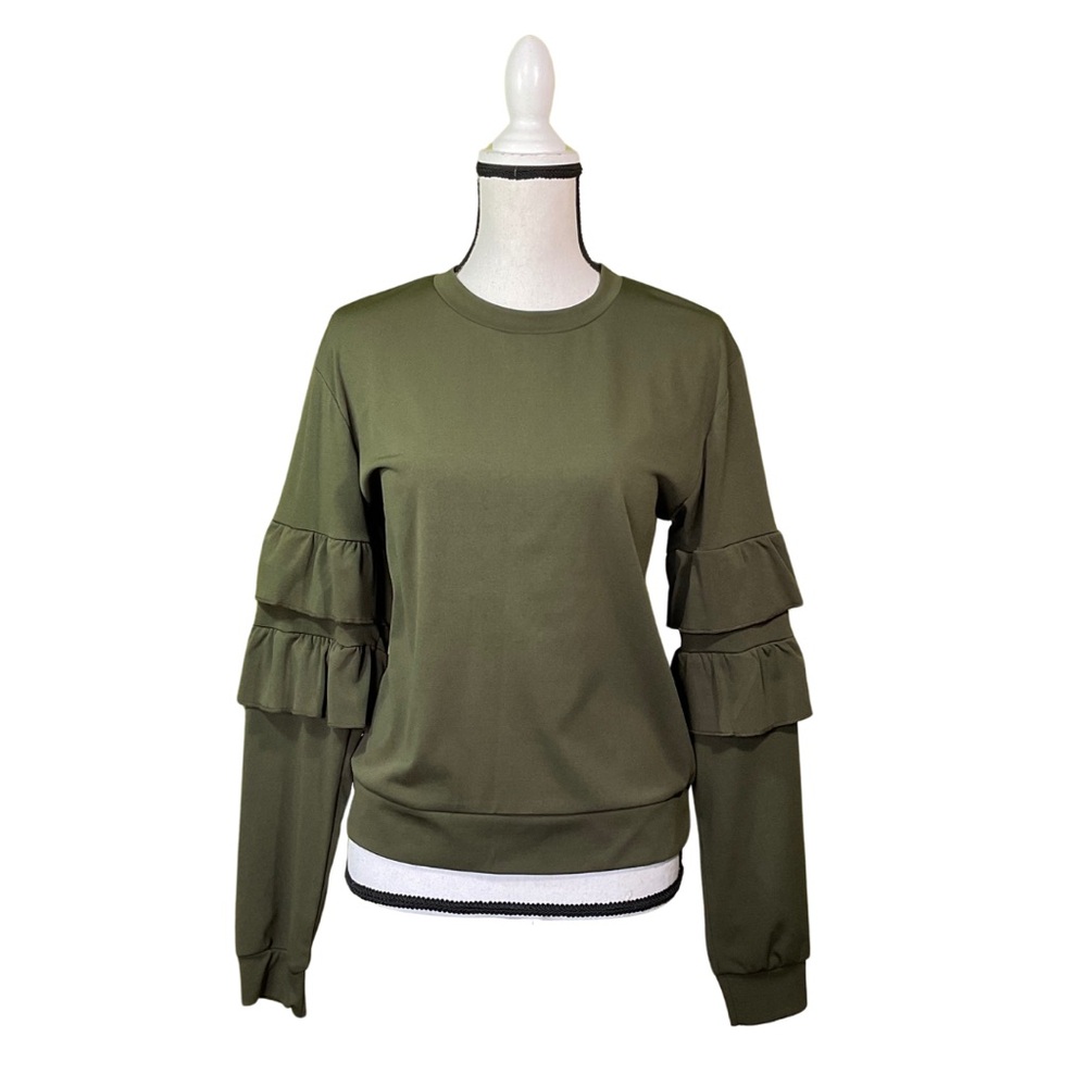 Akmipoem Women’s Green Ruffle Two-Piece Casual Jogger Outfit Tracksuit M